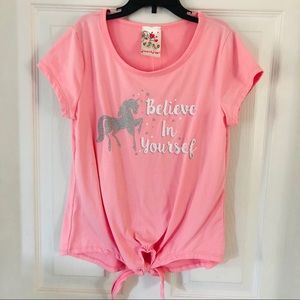 NWOT pink silver glitter sparkly unicorn believe in yourself tie Front top SZ 12
